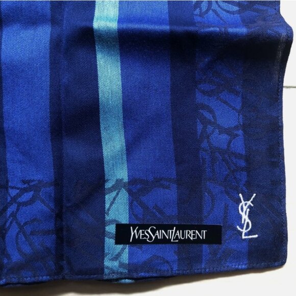 New Yves Saint Laurent Bandana Handkerchief Scarf YSL Stripes Logo All Over Blue